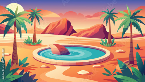 Colorful desert oasis scene with palm trees and a pool under a sunset sky minimalist landscape design