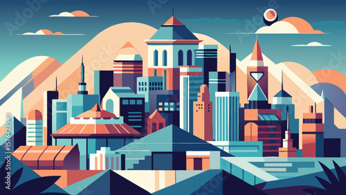 Colorful minimalist landscape cityscape illustration featuring buildings and mountains in a geometric style with blue and orange hues