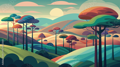 Colorful minimalist landscape illustration featuring stylized trees rolling hills and a soft sky with beautiful tones