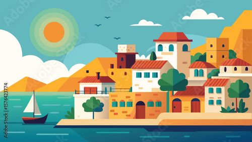 Illustration depicting a colorful mediterranean coastal village with charming houses, a sailboat, and idyllic natural scenery, suitable for various projects.