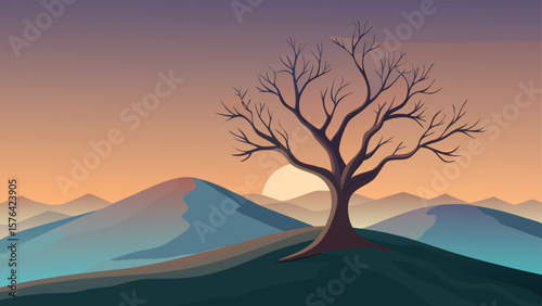 Minimalist landscape depicting a tree silhouette with mountain ranges and a sunset sky suitable for various design projects