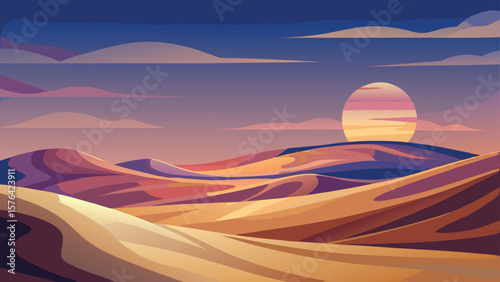 Minimalist landscape depicting a sunset over desert dunes with gradient colors and soft shapes suitable for design