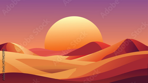 Minimalist landscape depicting desert dunes and a vibrant sunset or sunrise with beautiful gradient colors suitable for various projects.