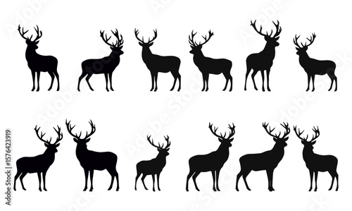 Vector art of collection of deer silhouettes isolated on a white background