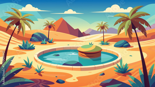 Minimalist landscape desert oasis scene with palm trees reflecting a tranquil pool in a sunny environment suitable for various projects