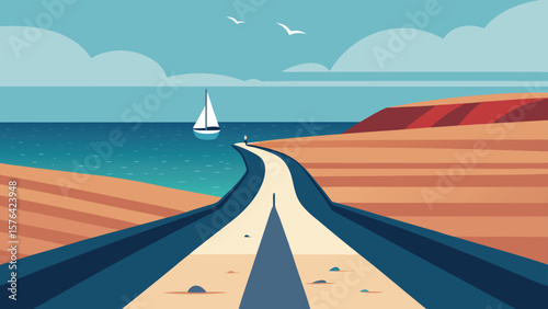 Minimalist landscape illustration depicting a coastal road leading to the sea with a sailing boat and two birds flying in the sky