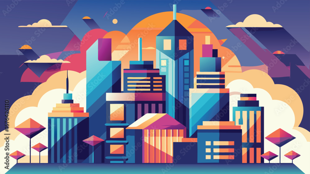 Fototapeta premium Modern geometric abstract cityscape with buildings clouds and sunset with a beautiful color palette suitable for diverse design projects