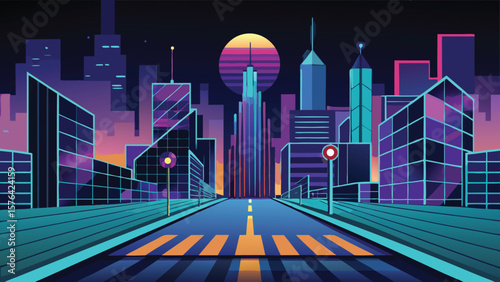 Neon cityscape illustration depicting a futuristic minimalist landscape with glowing buildings and a synthwave style sun