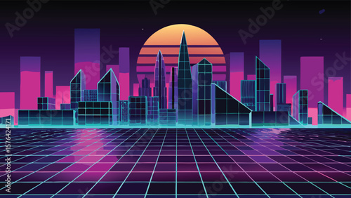 Retro futuristic cityscape illustration featuring vibrant neon colors and a synthwave aesthetic on a transparent background