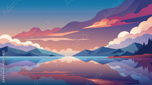 Serene minimalist landscape depicting a mirrored lake reflecting majestic mountains and vibrant sunset clouds in a peaceful environment for contemplation.