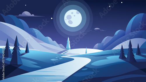 Serene minimalist landscape depicting a moonlit winter night with snowy mountains and evergreen trees under a starry sky