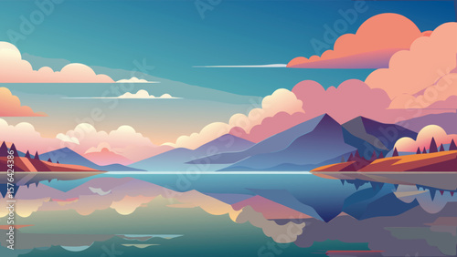 Serene minimalist landscape depicting mountainous terrain and calming lake under a colorful cloudy sky perfect for tranquility