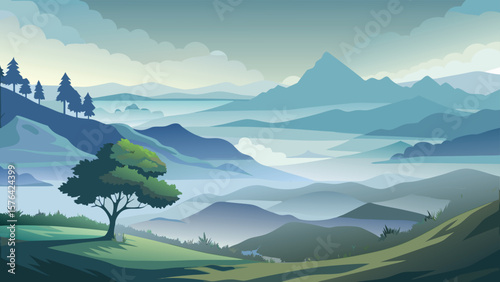 Serene minimalist landscape depicting mountains and trees under cloudy skies suitable for creative design projects