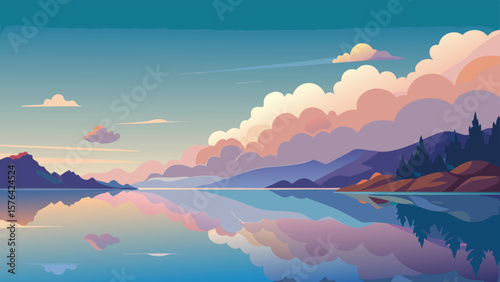 Serene minimalist landscape illustration showcasing a reflective lake with mountain silhouettes under a vibrant cloudscape at sunset
