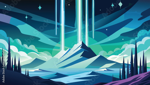 Striking minimalist landscape depicting illuminated mountains with stylized glowing light beams under a starry night sky.