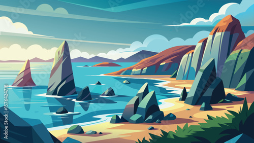 Stunning minimalist landscape illustration depicting a coastal scene with rugged cliffs azure water and sandy beaches perfect for design projects