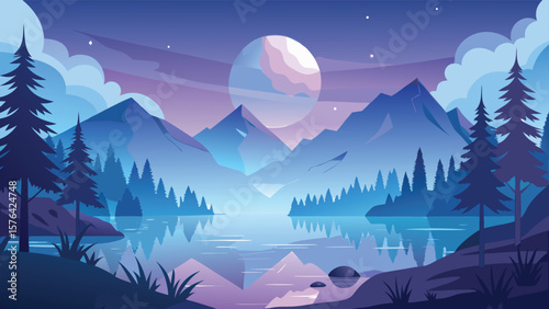 Stunning minimalist landscape illustration depicting mountains trees lake reflections and a dreamy moon for digital design