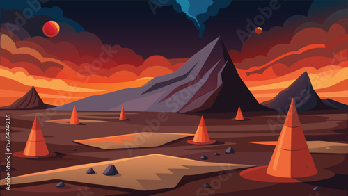 Stylized illustration of an alien landscape with conical structures under a fiery sunset and mountains in minimalist landscape design