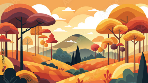 Stylized illustration of a warm autumn landscape featuring trees clouds and rolling hills on a sunny afternoon,  minimalist landscape.