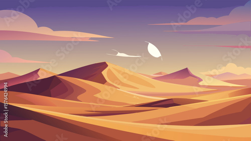 Stylized minimalist landscape illustration featuring desert dunes under a dramatic sky with transparency for diverse design purposes