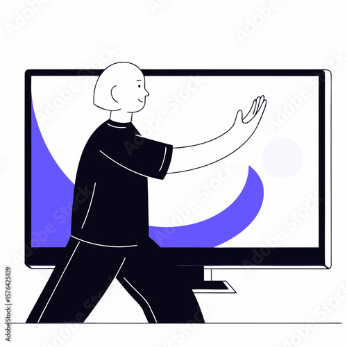 Elderly person practicing tai chi with TV screen in modern style
