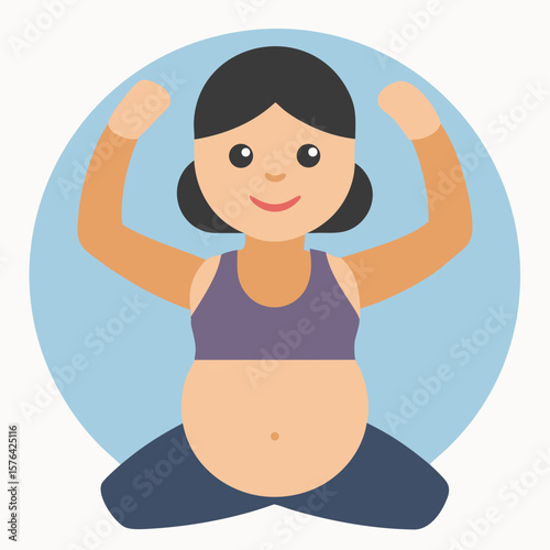 Pregnant woman meditating with arms raised on blue background