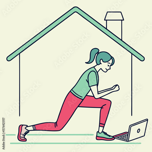 Woman doing lunges at home while watching online workout