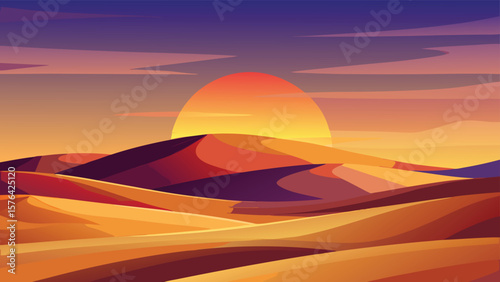 Sunset over desert dunes featuring warm orange and purple hues in a beautiful minimalist landscape with gradient colors
