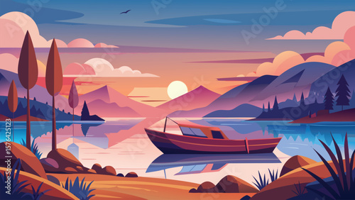 Tranquil minimalist landscape depicting a sunset over a lake with a boat and reflected mountains for decorative purposes