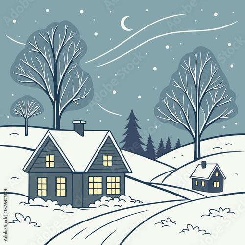 Snowy winter landscape with cozy houses and trees at night