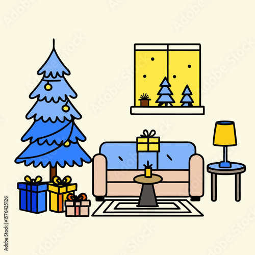 Christmas living room with gifts and decorated tree in flat style