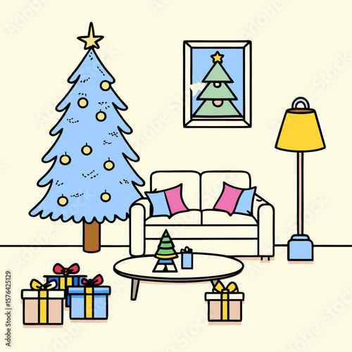 Cozy Christmas living room with gifts and decorated tree in flat style