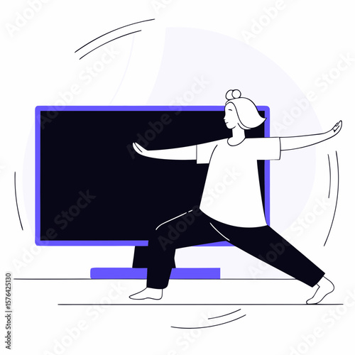 Woman practicing tai chi in front of TV in modern flat style