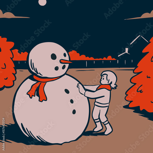 Child building snowman in winter at night in flat color style