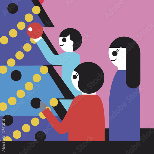 Children decorating Christmas tree with ornaments indoors