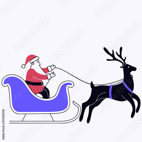 Santa Claus riding sleigh with reindeer in minimalist style