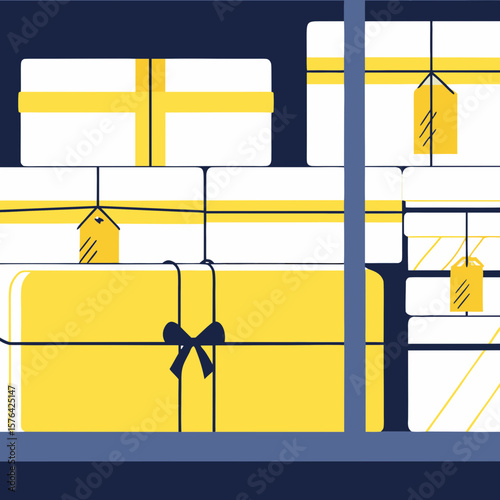 Stacked gift boxes in yellow and white behind store window