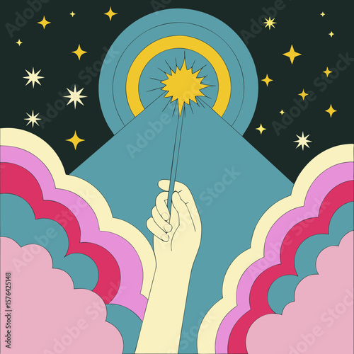 Hand holding magic wand in colorful abstract night sky