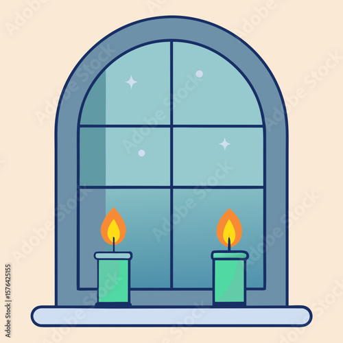 Two green candles burning on arched window sill at night