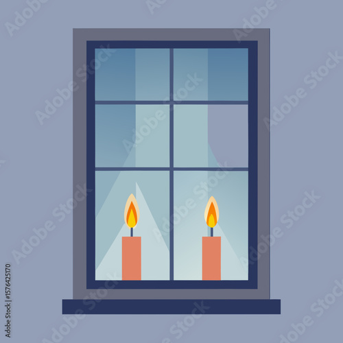 Burning candles on windowsill in flat minimalist style