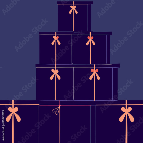 Dark purple gift boxes stacked with red ribbons on blue background