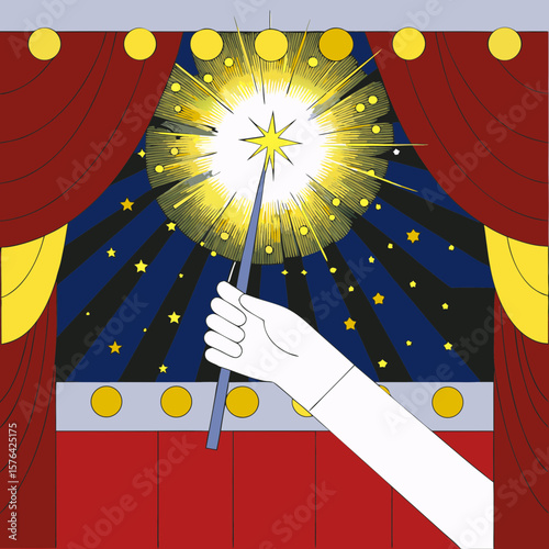 Hand holding magic wand on stage with starburst background