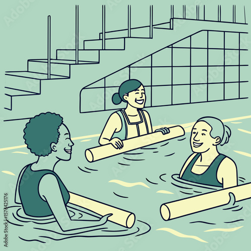 Group of women exercising in swimming pool with foam noodles
