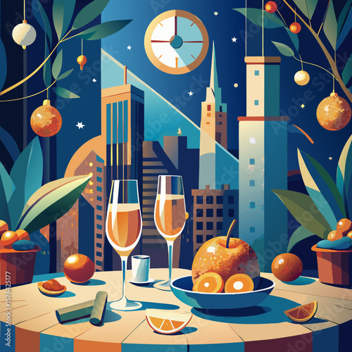 Festive still life with champagne and fruits in city night scene
