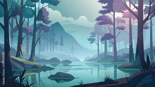 Tranquil minimalist landscape illustration depicting a serene forest scene with misty mountains and reflective water suitable for various design purposes