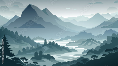 Tranquil minimalist landscape depicting mountains and serene river in calm tones suitable for graphic design projects