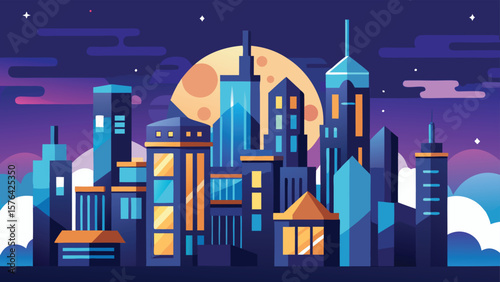 Vector illustration of a stylized cityscape with modern buildings under a moonlit sky night scene perfect for diverse design projects