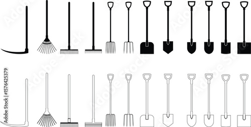 Gardening tools icon set hand rake spade, hoe, shovel, and Trowel vector collection isolated on transparent background for creative projects. Gardening tools landscape construction farm work equipment