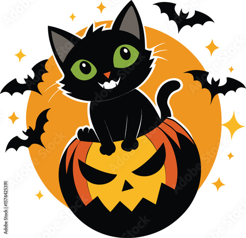 Halloween Black Cats With Pumpkin Vector Illustration, Halloween Vector Illustration, Pumpkin Vector Illustration, Halloween Scene with Pumpkin, Black Cats, and Bats, Halloween clipart with black cats