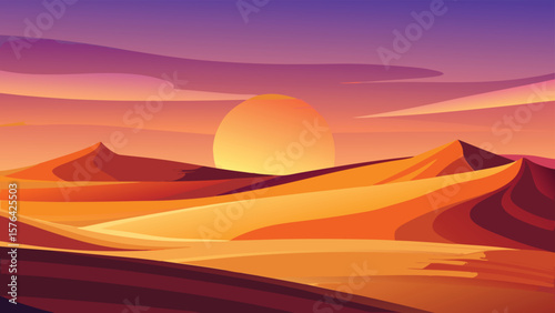 Vivid sunset over desert dunes depicting a serene minimalist landscape suitable for creative design projects
